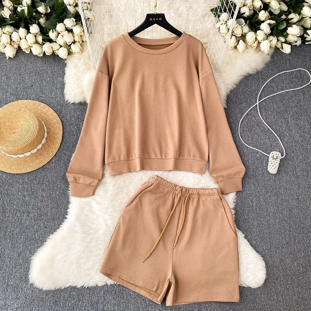 Croysier Casual Sporty Two Piece Set For Women Tracksuit Loose Sweatshirt And Drawstring Tie Waist Shorts Matching Sets Outfits