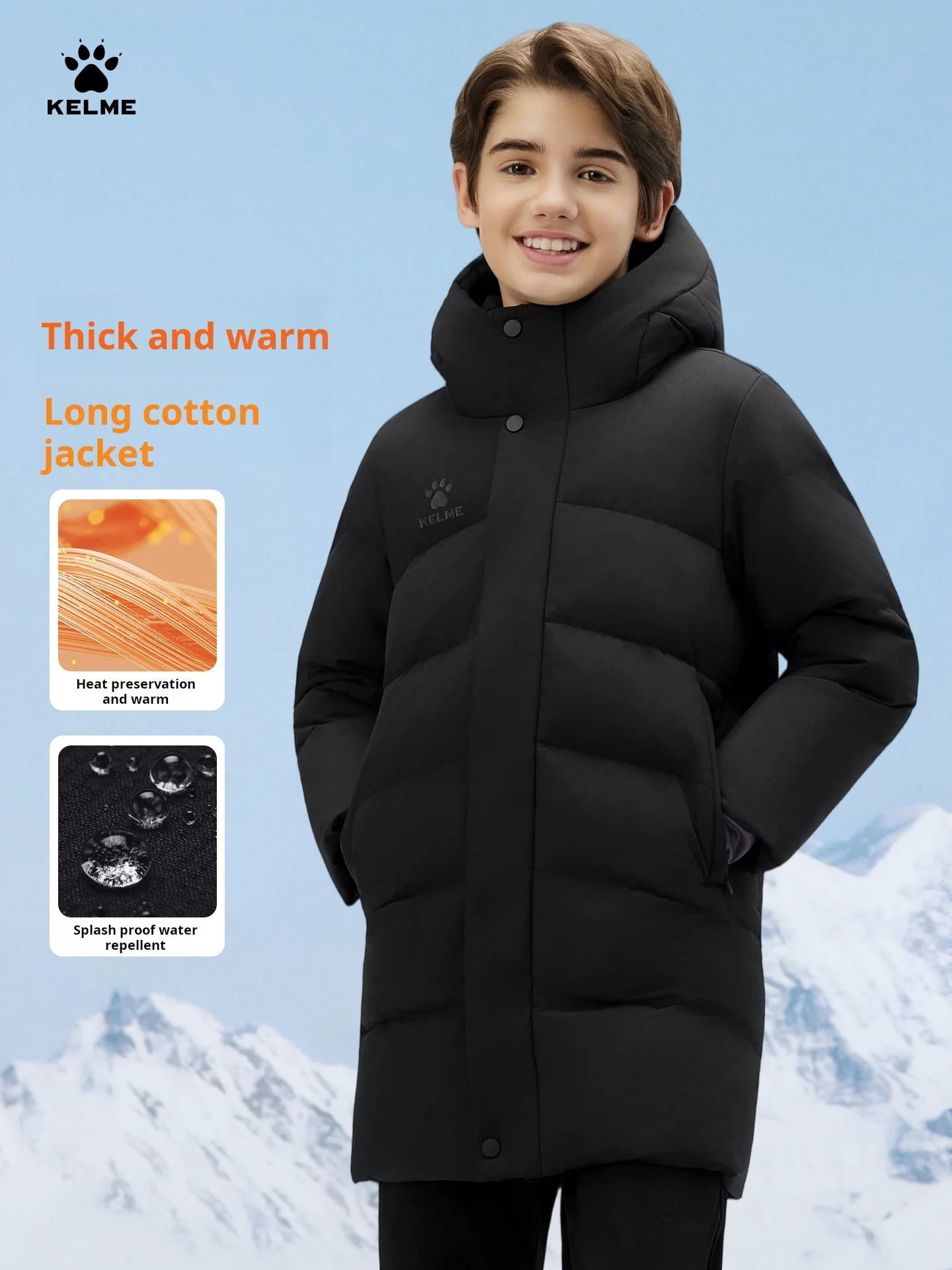 

Kelme Boys' Long-sleeve Thickened Hooded Winter Coat Outdoor Running & Multi-training Windproof Jacket Boys' Winter Coat