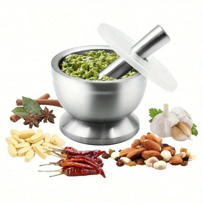 

Brushed Stainless Steel Mortar and Pestle with Non-Skid Base and Silicone Lid Spices Herbs and Guacamole Grinder Pill Crusher