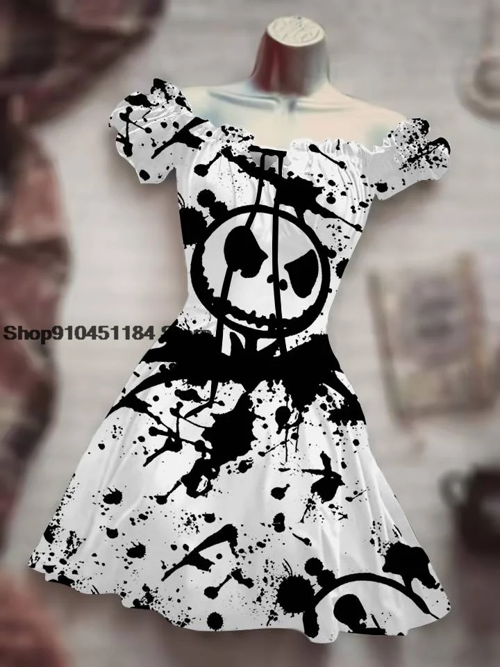 2022 Summer Drawstring Personalized Clothing Halloween Costume Skull 3D Print Skirt Hawaiian Bohemian Puff Sleeve Sexy Dress