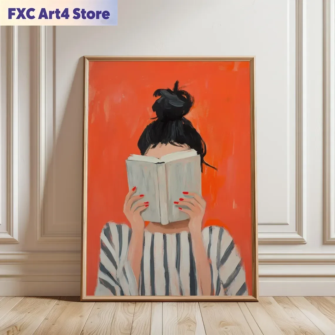 Rahmenloser Kunstdruck mit Lesender Frau |   Buchposter |   Feminine, gemütliche Wandkunst |   Kühner orangefarbener Kunstdruck |   Abstraktes zeitgenössisches Porträt