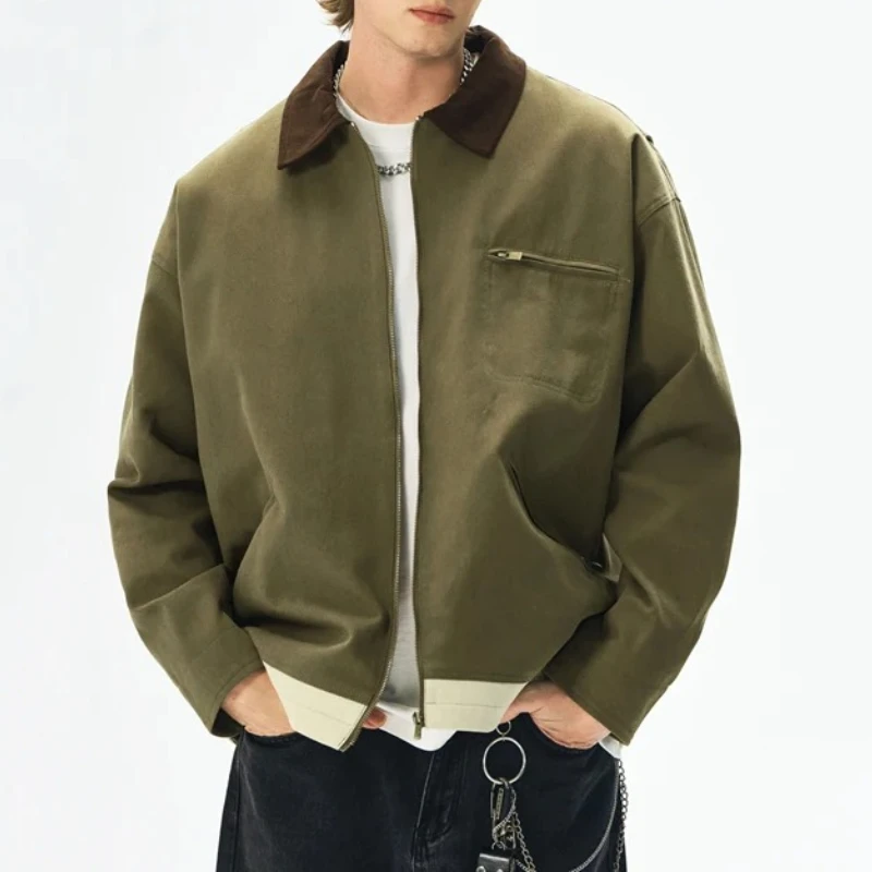 

Мужская ретро-куртка Detroit из плотного хлопка с карманами, рабочая куртка с отложным воротником на молнии для мужчин, весна-осень