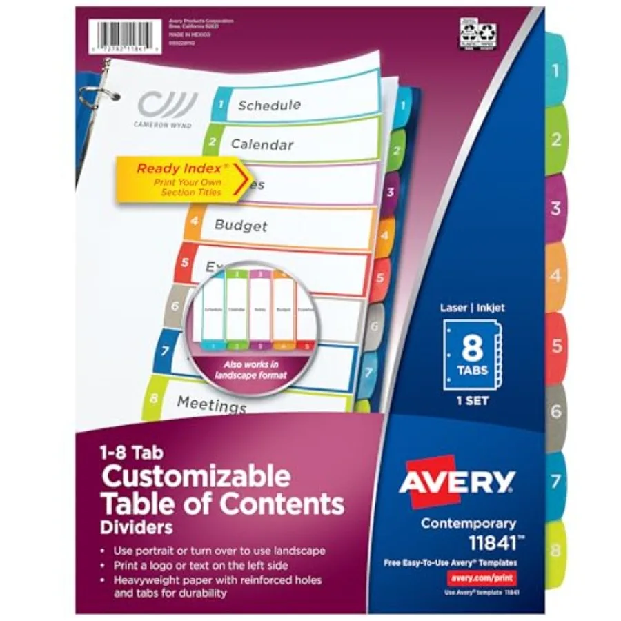 

Dividers for 3 Ring Binders, 8 Tabs per Set, Customizable Table of Contents, Multicolor Arched Tabs, Great for Organizing Repor