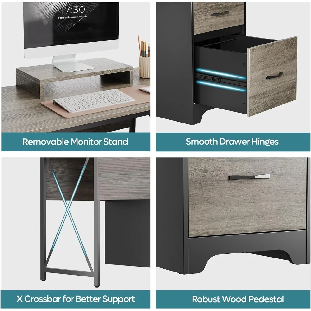 Biurko biurowe w kształcie litery L z 4 szufladami, biurko executive 63 x 47 z otwartym schowkiem i półką ekspozycyjną, biurko narożne z 2 szufladami na dokumenty