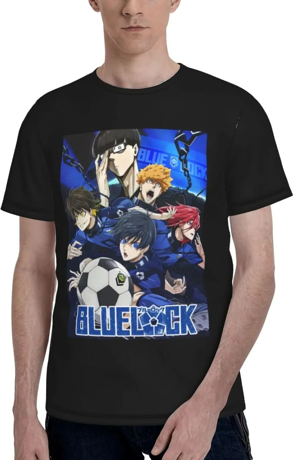 Blue Anime Lock Shirt Men's Fashion Pattern Short Sleeve T Shirt Wicking Classic Top Tees Black