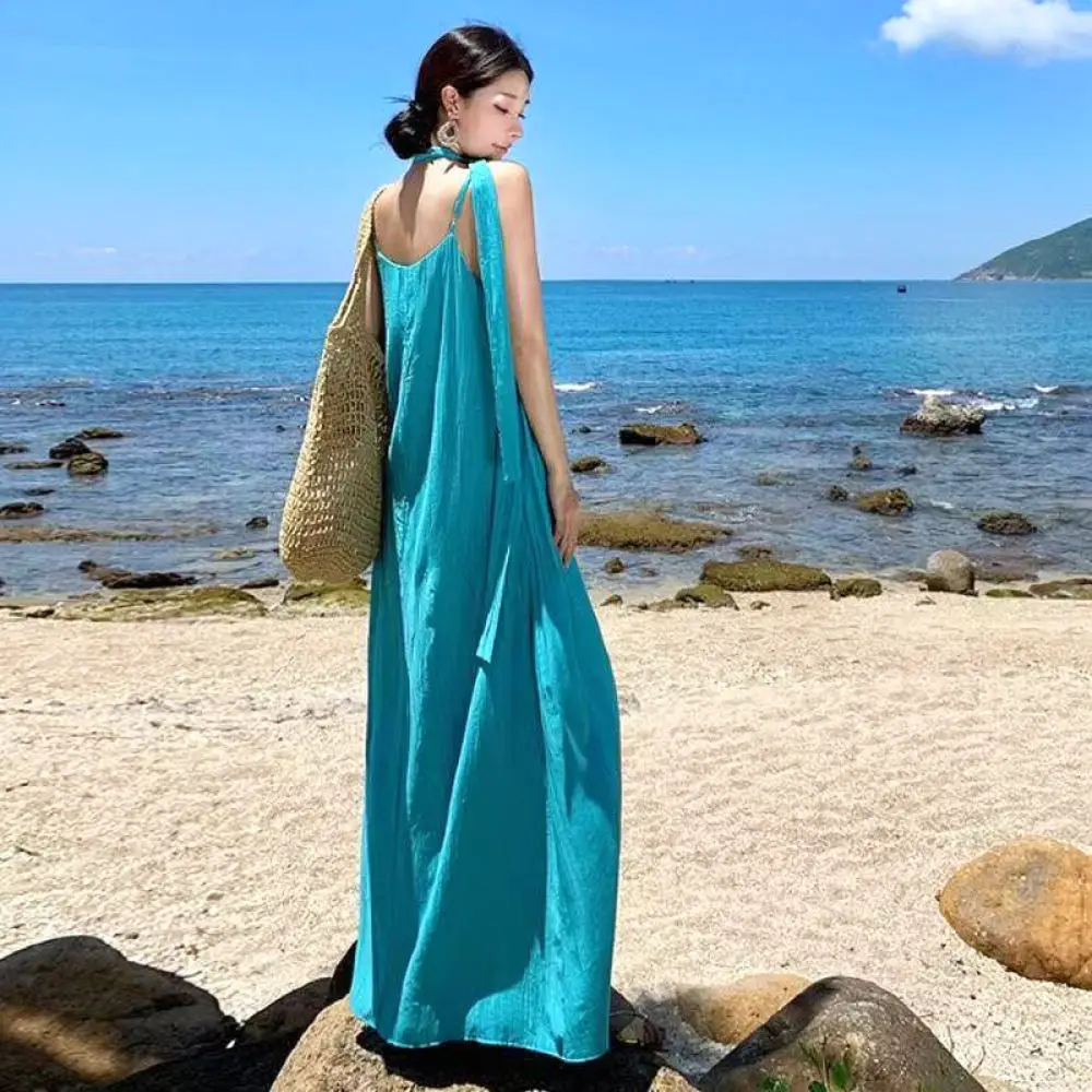 Women Elegant Summer Maxi Sundress Backless Sleeveless Beach Wear Loose Fit Casual Spaghetti Strap Long Holiday Dress