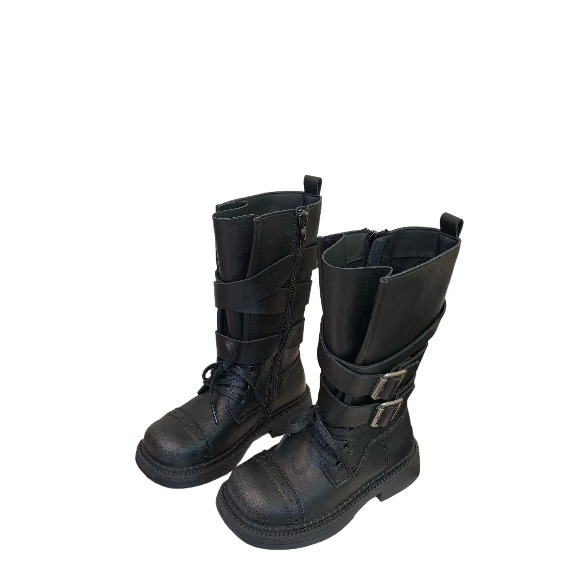 

Зимние детские универсальные нескользящие модные ботинки в стиле ретро для мальчиков и девочек с двойной пряжкой, детские нескользящие кожаные ботинки до середины икры для малышей