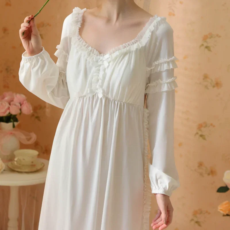 

Women Fairy Long Sleeve Night Dress Sweet Ruffles Cotton Robe Peignoir Sleepwear Victorian Vintage Nightgown Princess Nightwear