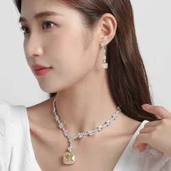 Designer Collection Party Chain Necklace Stud Earrings Women Lady Inlay Yellow Blue Green Square Cubic Zircon High-end Jewellery