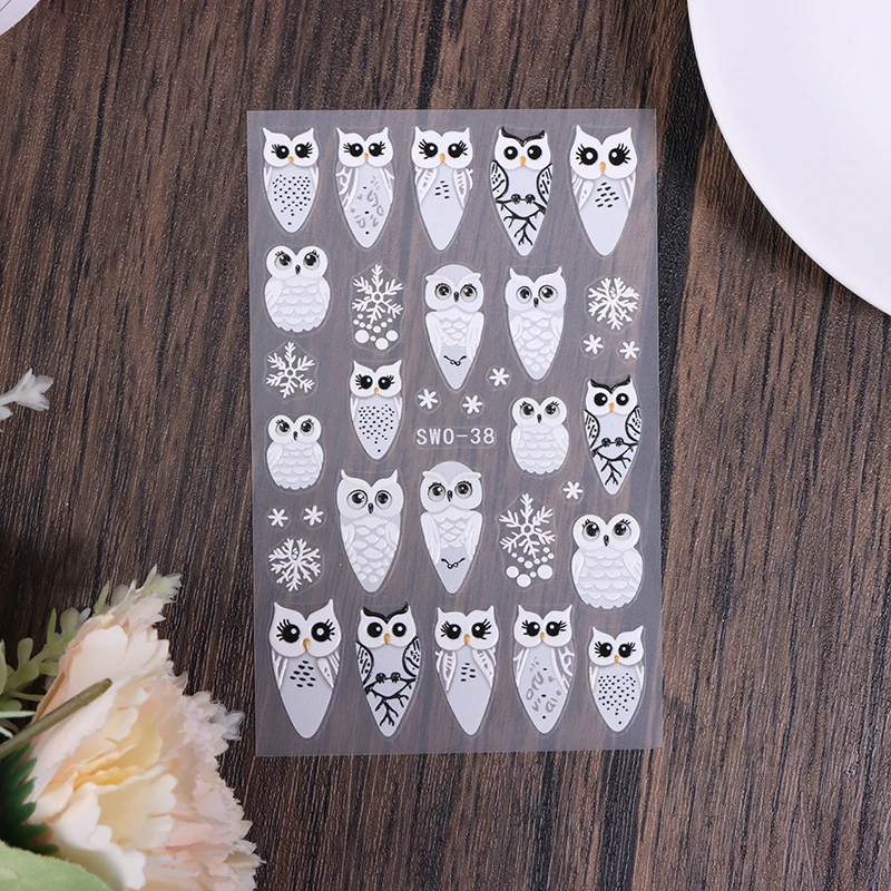 5d Reliëf Kerst Uil Nagel Sticker Stickers Zelfklevende Sliders Winter Manicure Decoratie