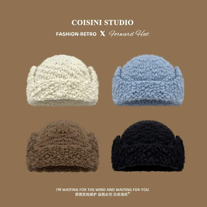 Korean Hand-knitted Beanies for Women Autumn and Winter Travel Casual Versatile Thermal Ear Protection Pilot Hats for Men