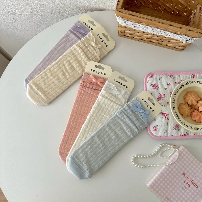 

Носки женские корейские японские Jk с бантом средней длины удобные хлопковые однотонные весенне-летние тонкие дышащие кавайные носки с красивым ворсом