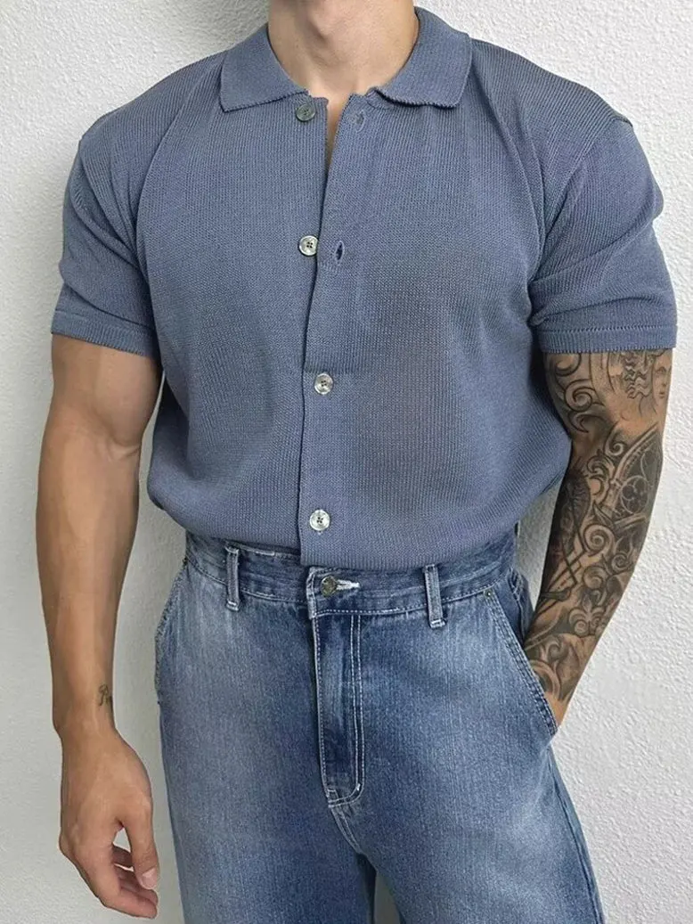 

American Sle Hard Man Silk Matte Cotton Ice Silk Knitted ort Sve Slim Fit Casual Work irt Breathable Lightweight Sum...