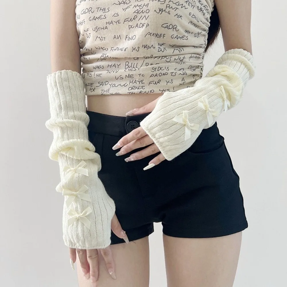 Slouchy Bow Knitted Arm Warmers Long Stacked Y2K Fingerless Gloves Windproof Warm And Comfortable Half Finger Gloves Daily