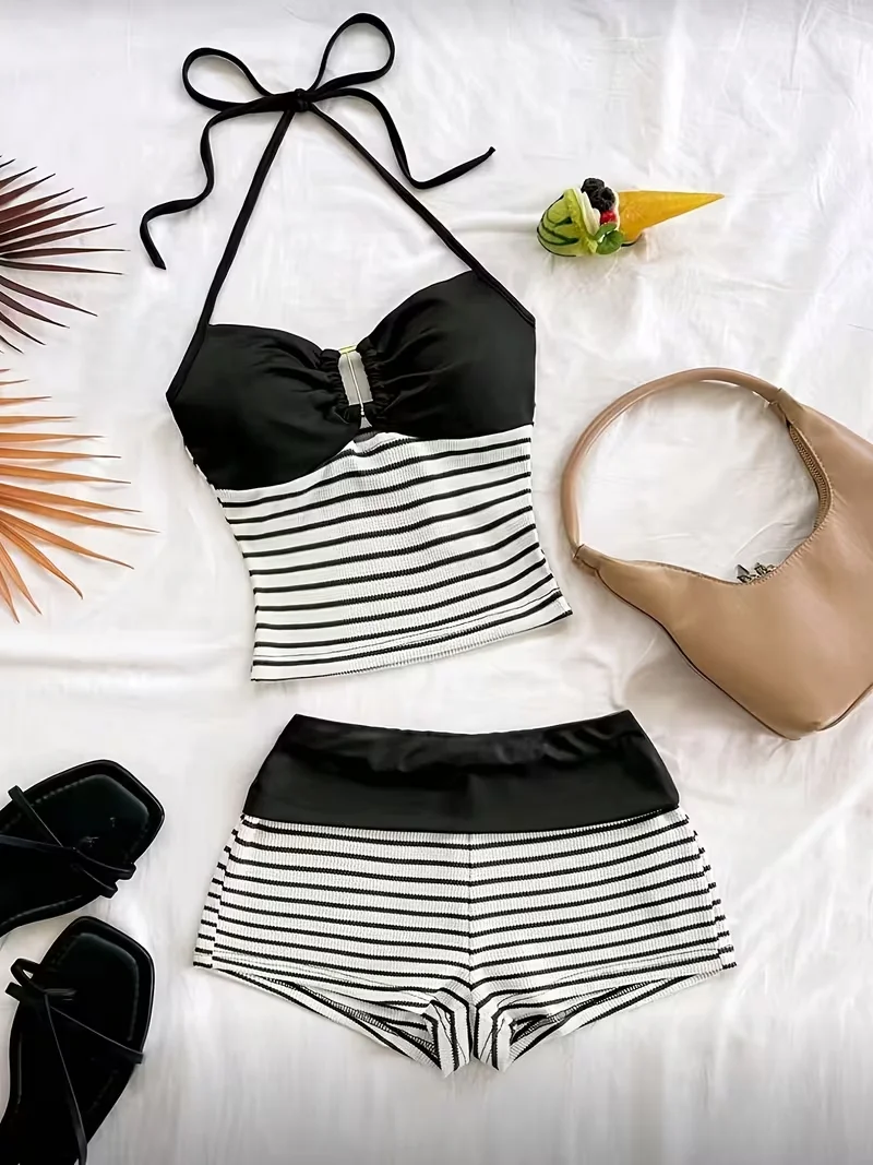 Color-Blocked Two-Piece Set Top with Matching Shorts Textured Fabric Neckline Design for a Stylish Look