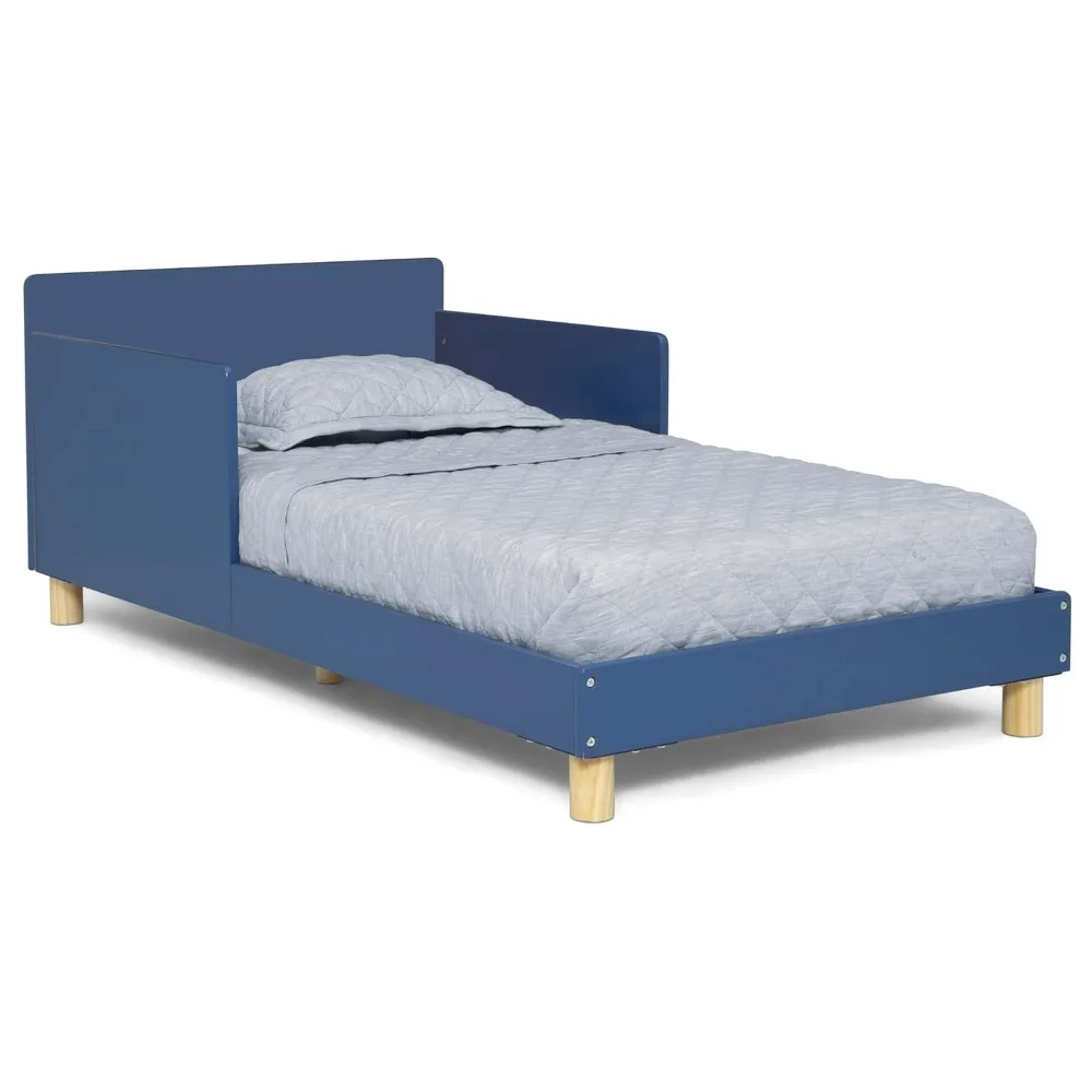 سرير للأطفال الصغار ذو اللوح الأمامي ذو الوجهين مع حاجز حماية، معتمد من Greenguard Gold من أجل الهواء النظيف، أزرق نيلي