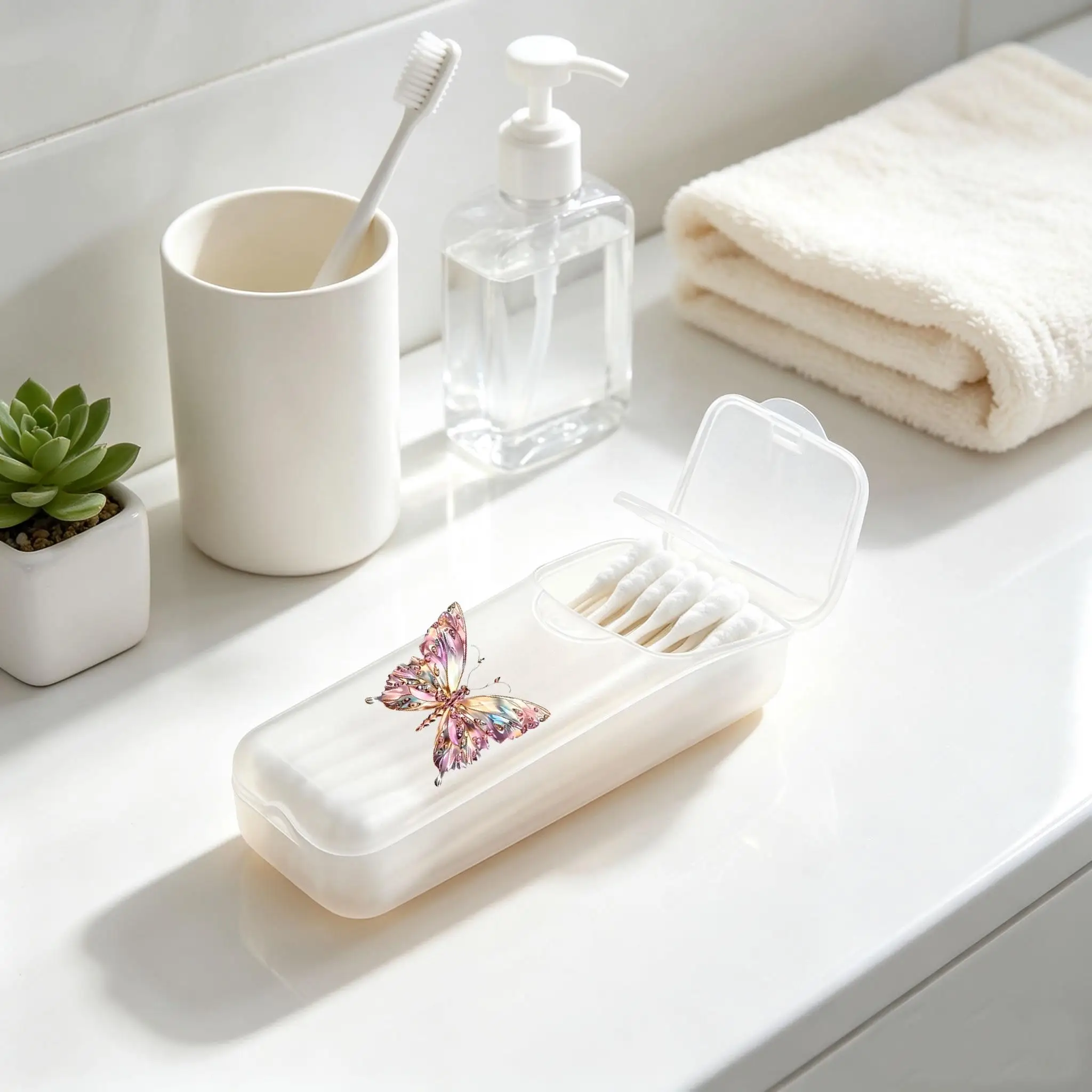 Pink Crystal Butterfly Mini Storage Box, Travel Pill & Capsule Case, Food-Grade PP Container for Toothpicks, Dental Floss, Small