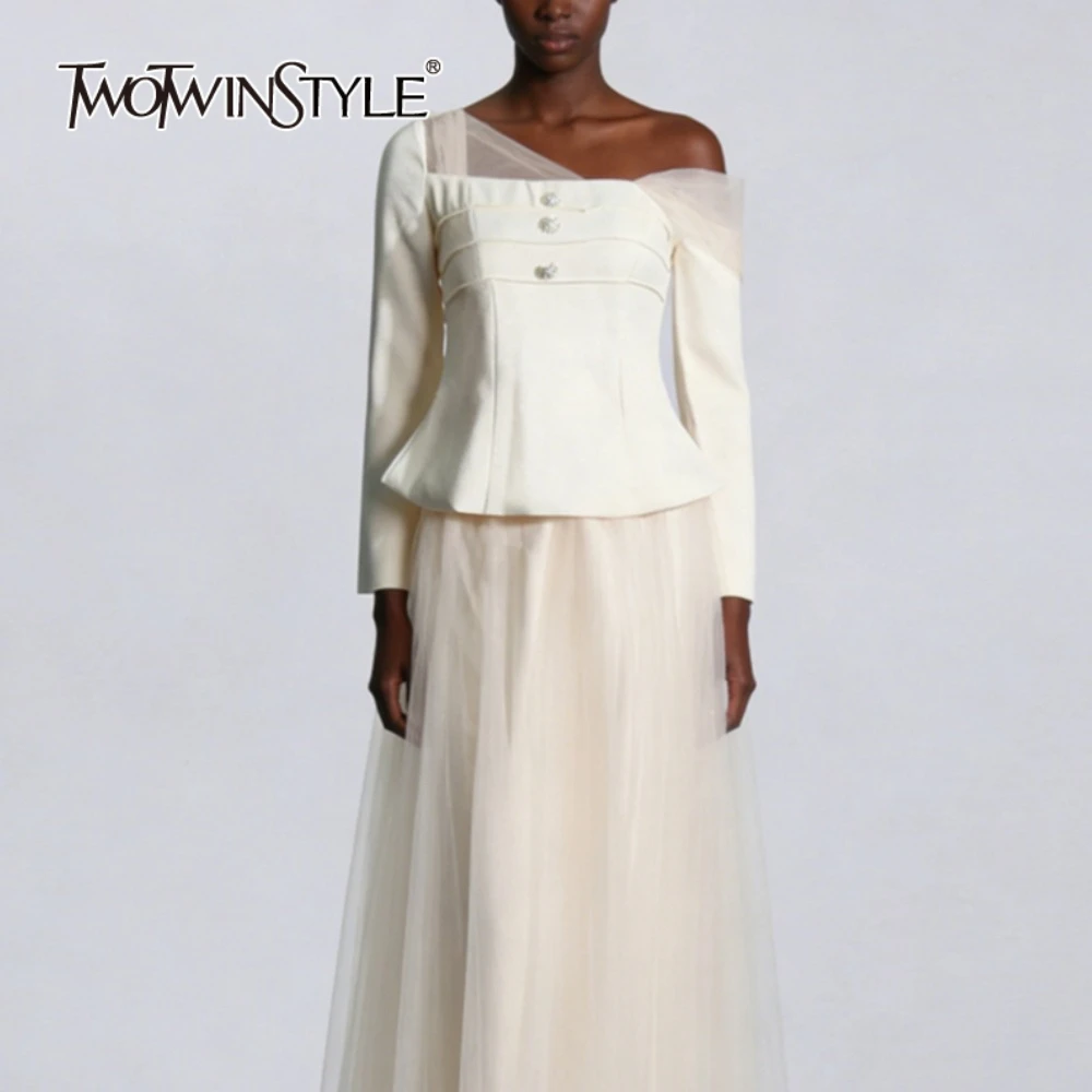 TWOTWINSTYLE Solid Two Piece Set For Women Diagonal Collar Long Sleeve Tunic Top High Waist Pleated Skirt Elegant Sets Female