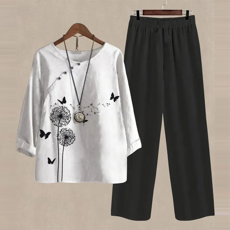 

Пуловер с круглым вырезом, топ с длинными рукавами и принтом, брюки, комплект из двух предметов, осень-зима 2023, новая одежда, модная уличная женская одежда C