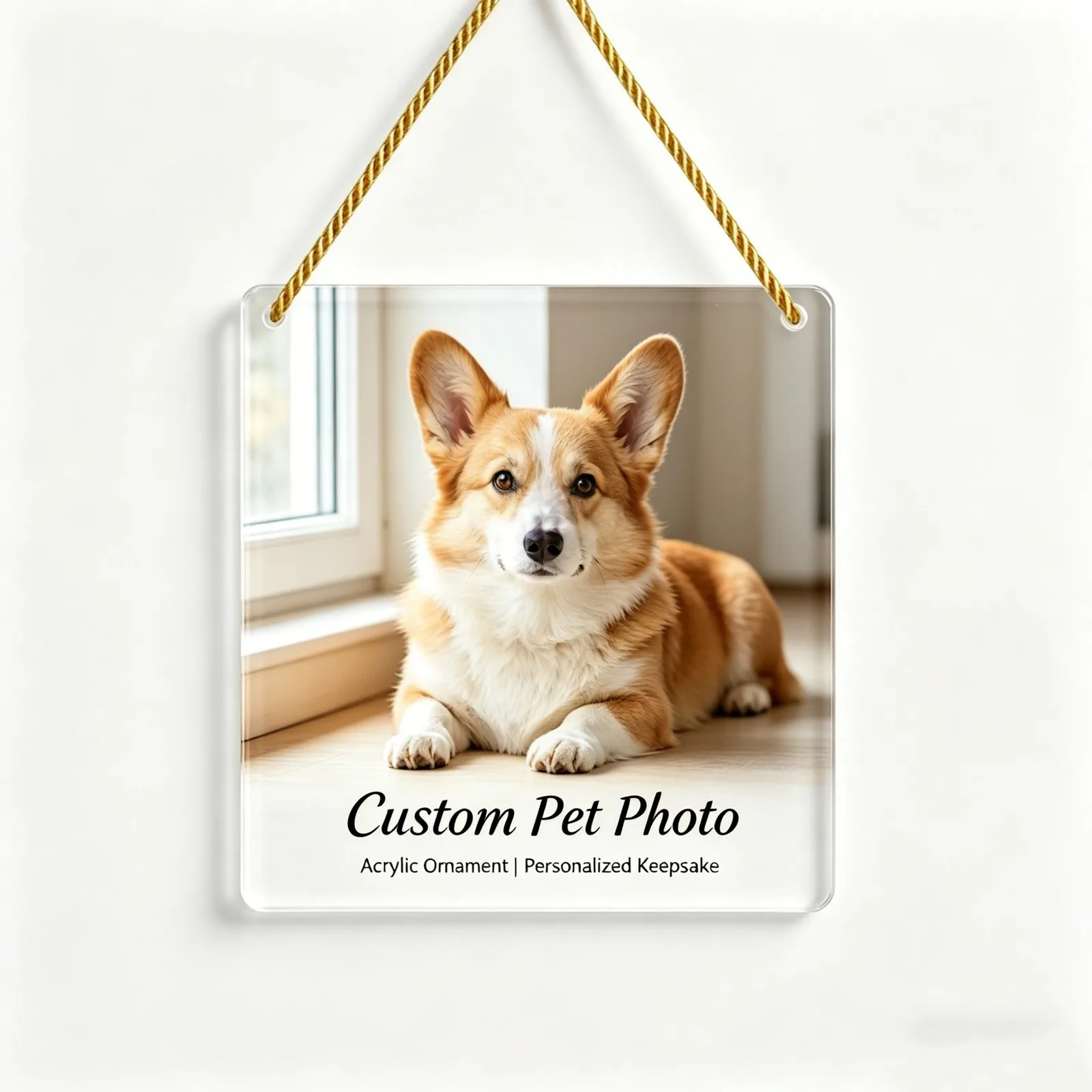 Custom Dog Cat Photo Text 8x8 Acrylic Ornament Pet Memorial Hanging Decor