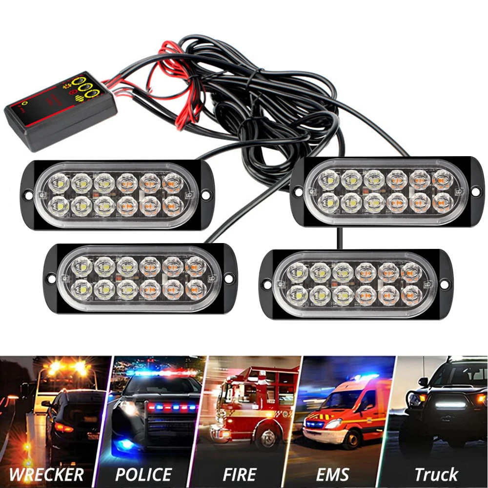 4 in 1 LED Warning Strobe Light 12V 24V Amber Car Grille Emergency Flash Signal Lamps Auto Stroboscope for Truck Offroad SUV