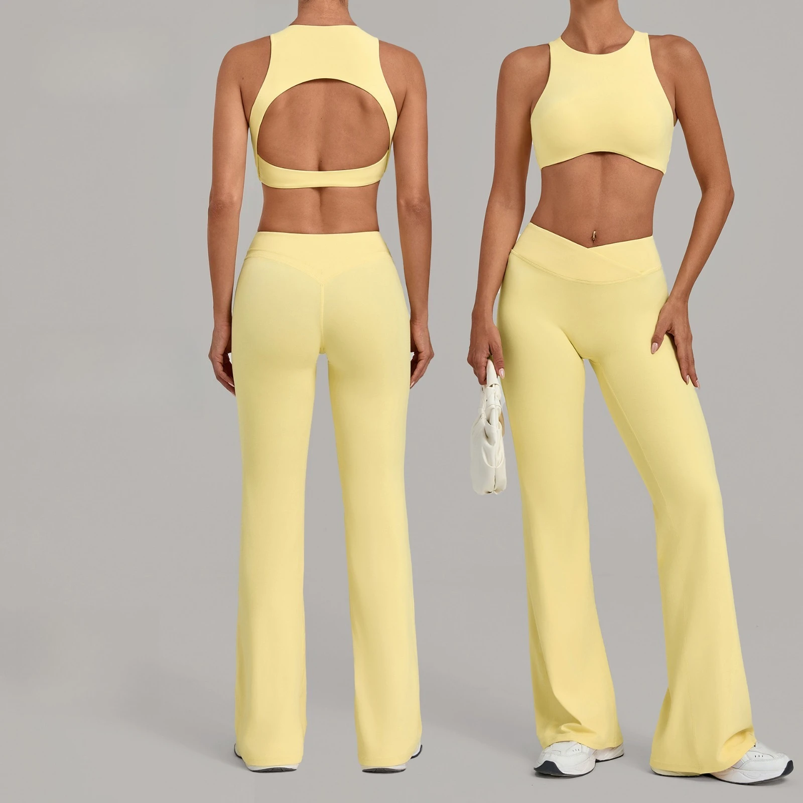 Gym Workout Sportswear Breathable High-stretch Women's Yoga Sets Quick-dry Open Back Tank Top & Flare Leggings Two-piece Outfit