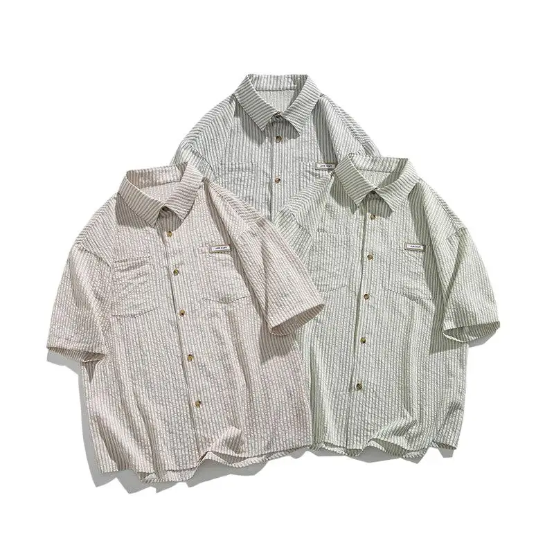 

Summer New Plus Size Trend Loose Striped Short Sleeve Shirt Men Loose Casual Top