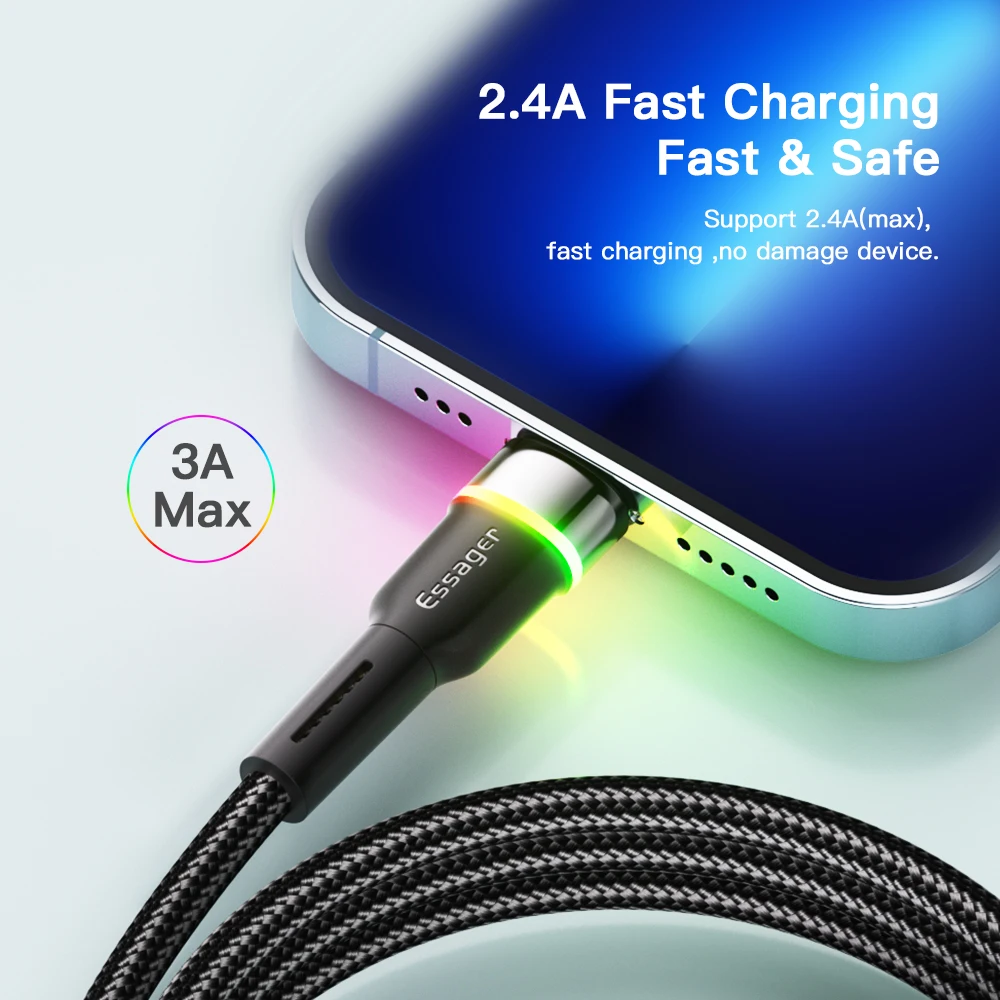 Essager LED USB Cable For iPhone Cable 14 13 12 11 Pro Xs Max X Xr Fast Charging Mobile Phone Data Cable For iPad Data Cord Wire