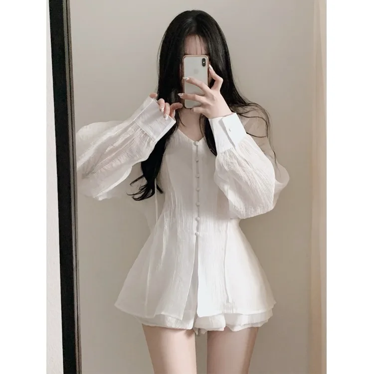 Elegant Short Sleeve Shirt And Half-length Shorts Two-piece Set for Small Women Autumn Fashion Women's Clothing Ensemble