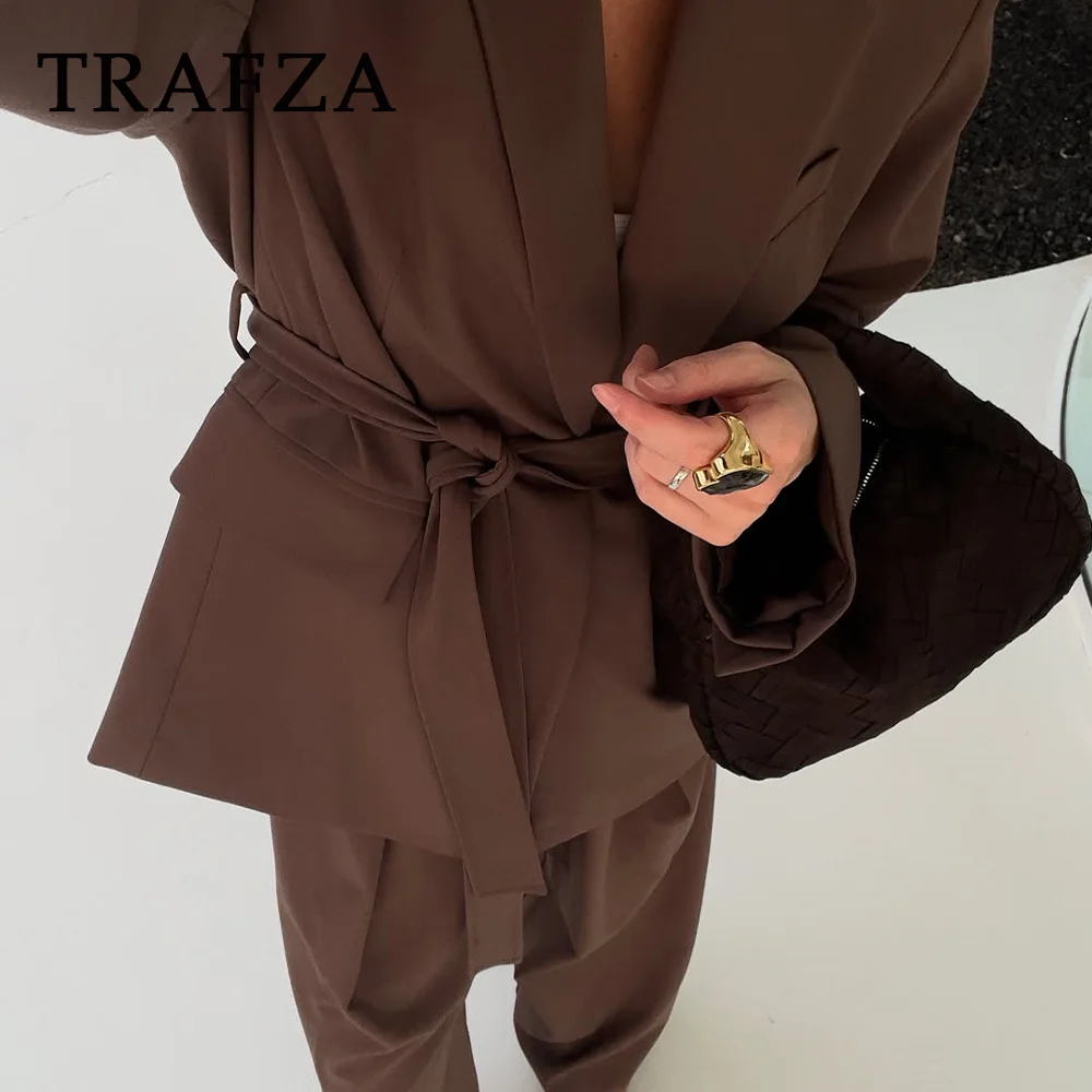 TRAFZA 2025 printemps été bureau dame élégant solide femmes costume mode ceintures décontractées droite haussement d'épaules Blazer Chic fermeture éclair pantalon Long