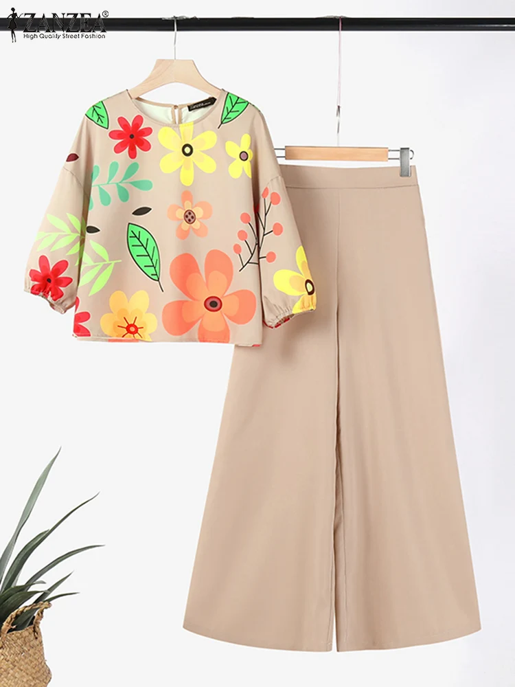 

Vintage Matching Sets Bohemain Trousers Suit Women 3/4 Sleeve Blouse Wide Leg Pants Sets 2024 ZANZEA Summer Printed Tracksuits