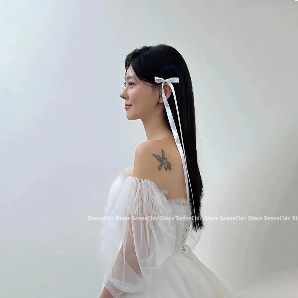 Плиссированные милые свадебные платья Корейский корсет сзади без бретелек из тюля с короткими пышными рукавами с открытыми плечами Платье невесты по индивидуальному заказу