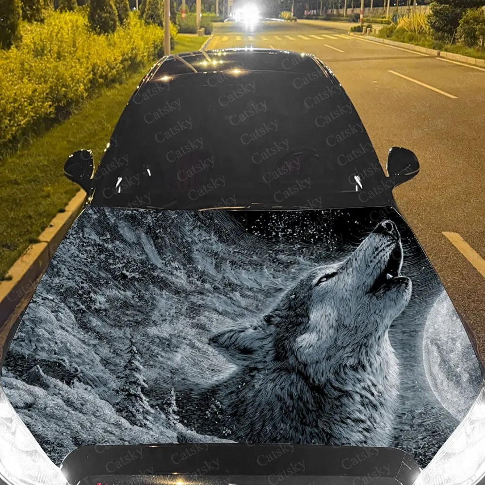Car Decal Wildlife Art-Inspired Combination of Howling Wolf and Monochrome Textural Elements Car Hood Sticker, Waterproof Self -