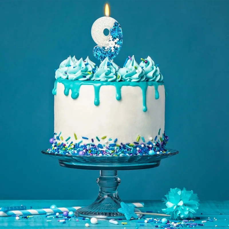شموع عيد الميلاد المجمدة 0-9 أرقام لامعة زرقاء ندفة الثلج شمعة كعكة أطفال بنات حفلة عيد ميلاد كعكة توبر لوازم الديكور #3