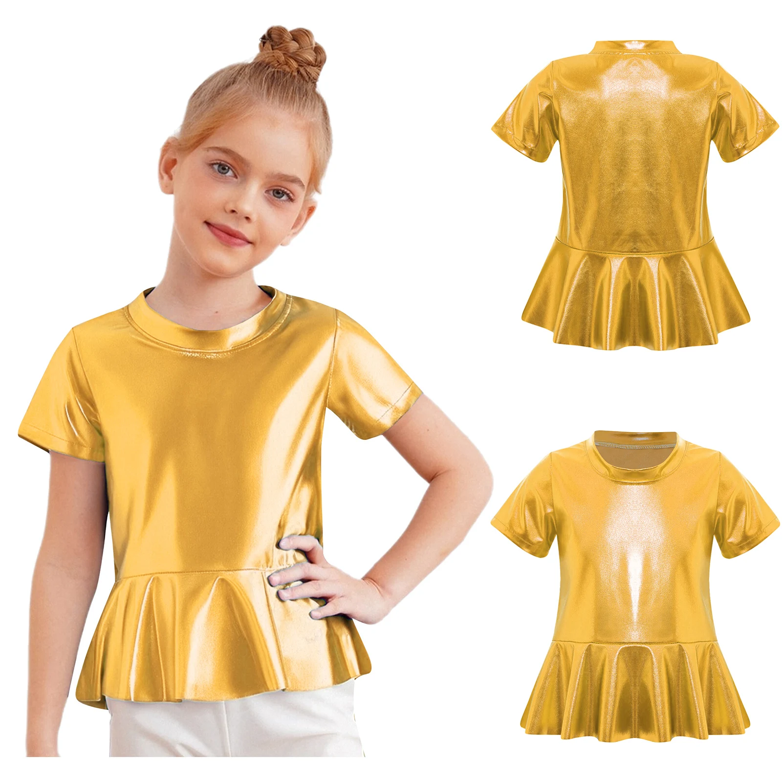 

Kids Girls Jazz Dance Performance Competition Outfit Metallic Peplum Top Round Neck Short Sleeves Shiny T-shirt for Jazz Hip Hop