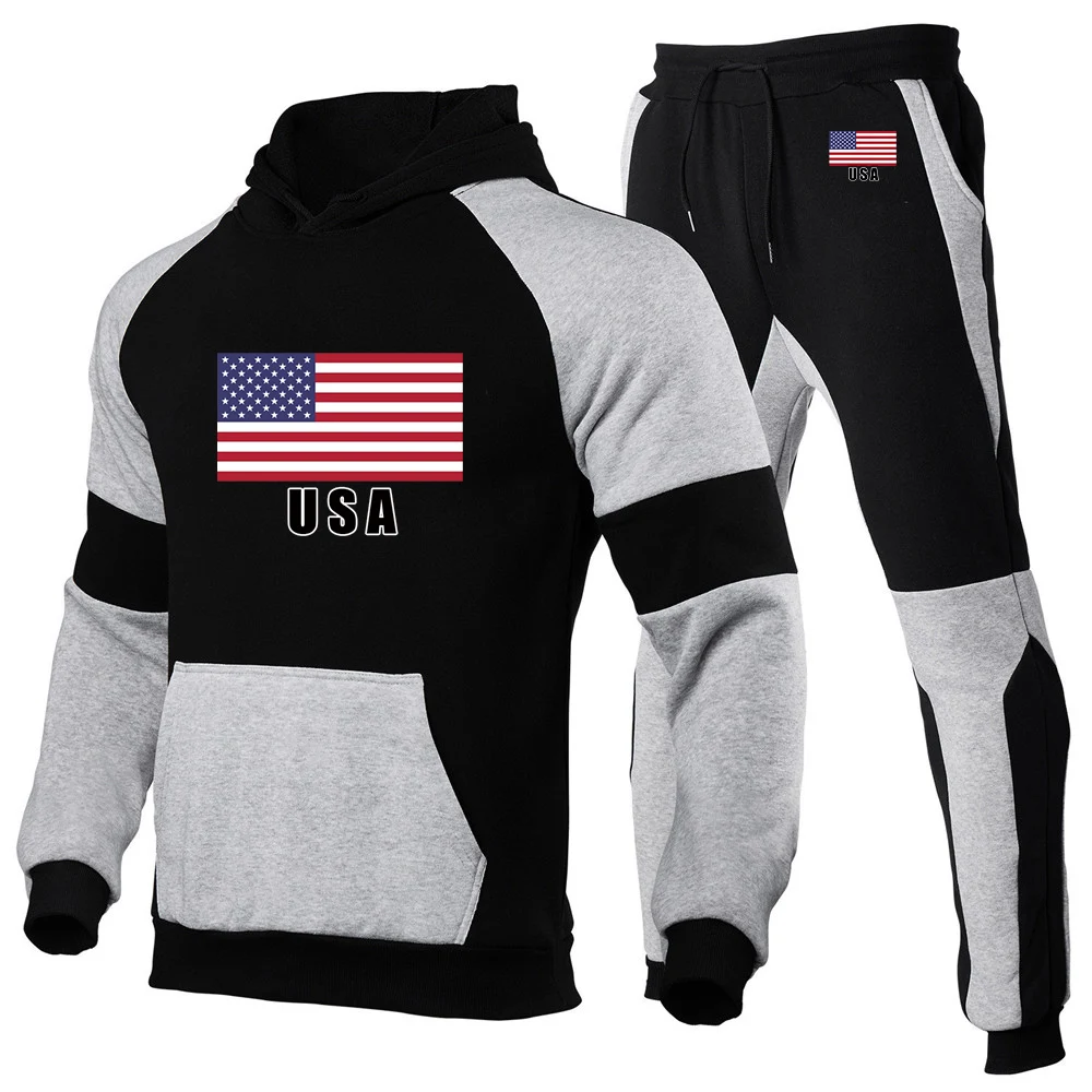 Conjunto Deportivo para Hombre, Primavera-Otoño 2026, con Estampado de la Bandera de EE. UU. y el Equipo de Fútbol, Sudadera con Capucha y Pantalones Largos