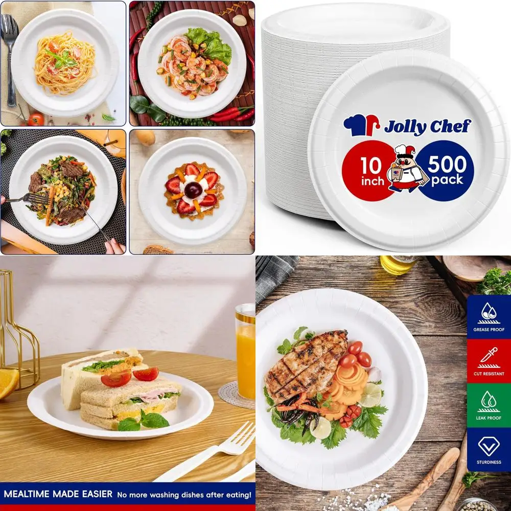 

500 Count 10 Inch Heavy Duty Microwave Safe Soak & Cut Proof Disposable Paper Plates for Thanksgiving and Everyday Use