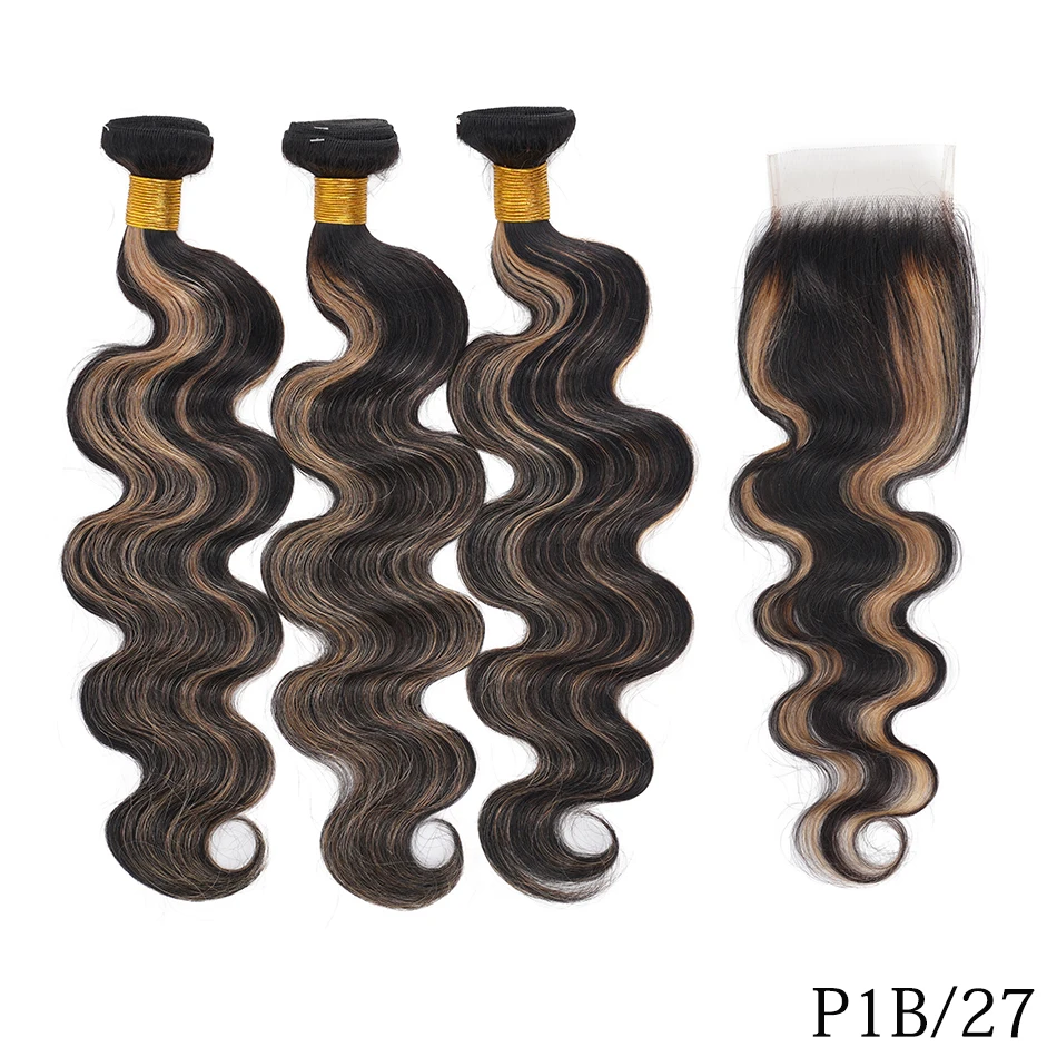 100% حزم شعر بشري داكن مع إغلاق ماليزيا تسليط الضوء على شقراء أومبير البيانو اللون 4/27 موجة الجسم البني مع إغلاق 4x4 HD