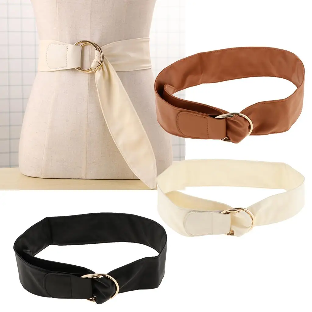 

Women Girdle Double Round Buckle Waistband Retro PU Leather Belly Belt
