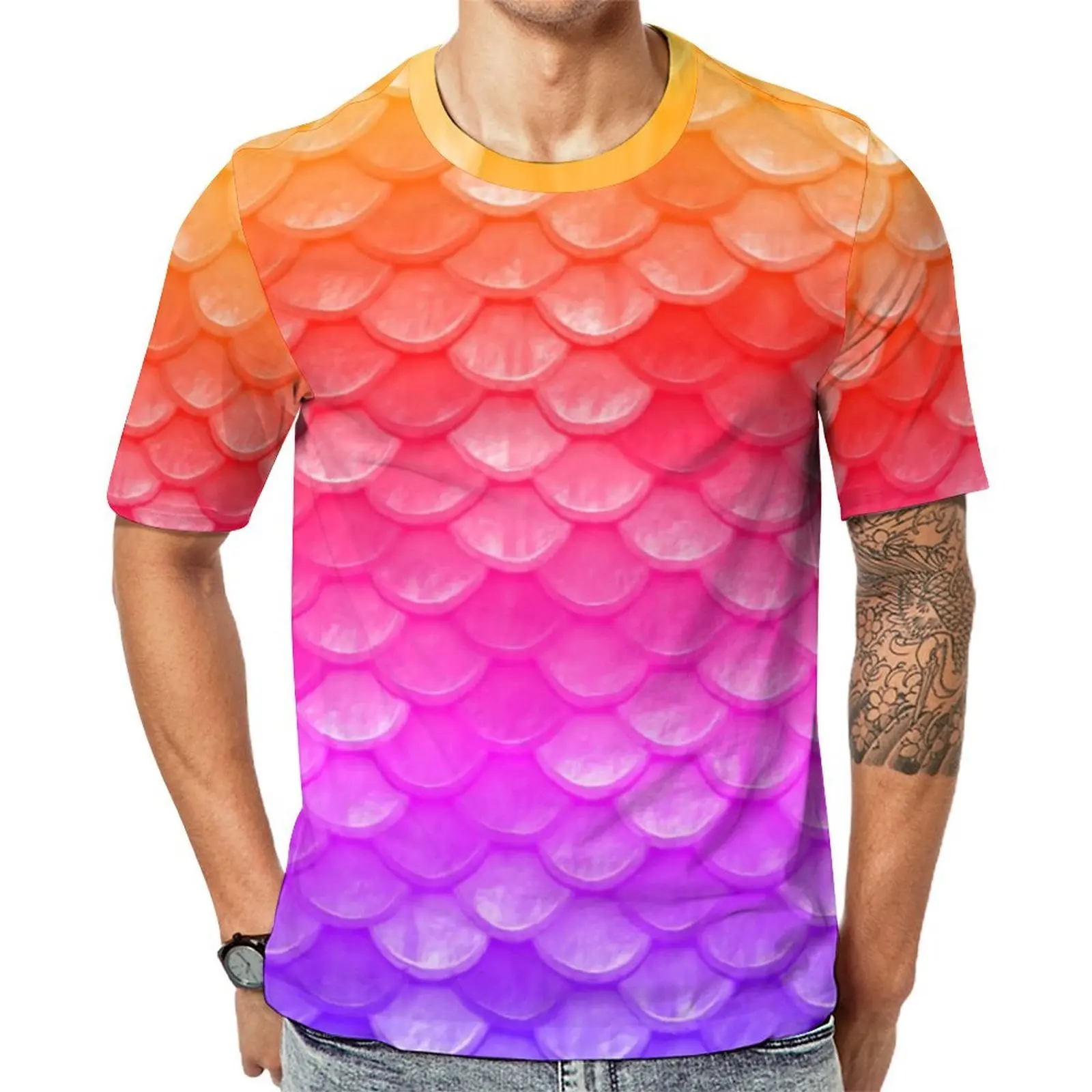Original T Shirt Color Mermaid Scales T-Shirts Ombre Print Basic Trendy Tees For Man Short-Sleeve Custom Oversized Tops