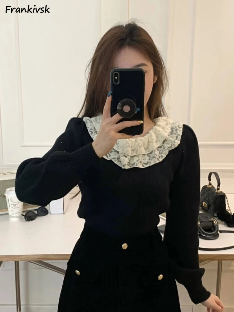 Lace Sweaters Women Slim Spliced Puff Sleeve Lounge Temperament Autumn Winter Korean Commuting Style Simple Popular Advanced