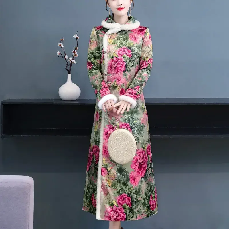 

Qipao Winter Dress Quilted 2021 Fashion New Fur Collar Chinese Ethnic Style Women's Thickened Retro Modern Cheongsam Tops y1493