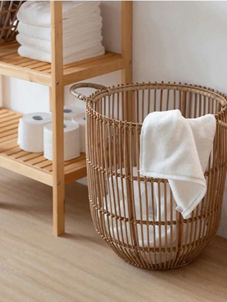 

Hand-Held Laundry Basket Real Rattan Hand-Woven Dirty Laundry Changing Clothes Storage Basket Decorative Flower Basket