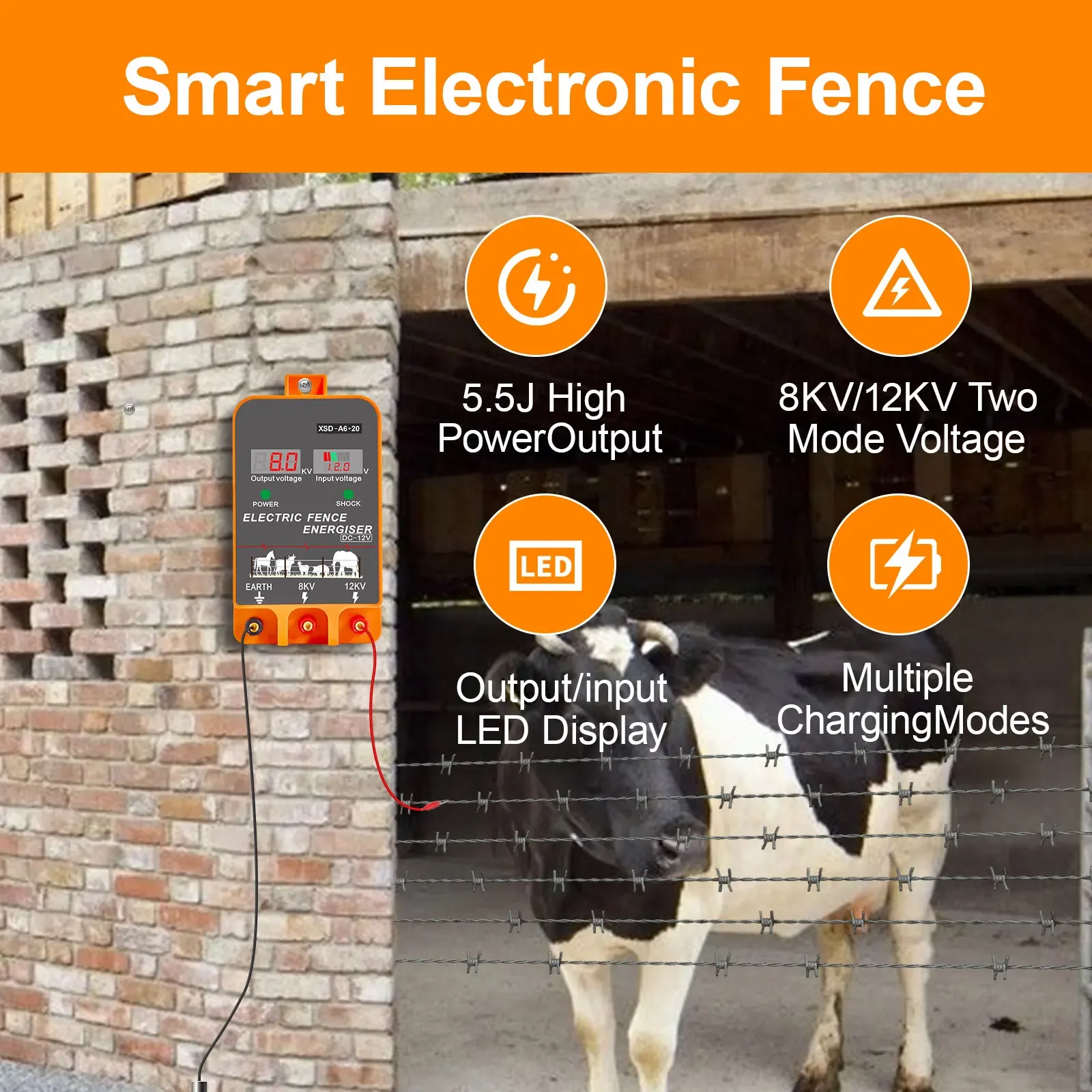 20KM Electric Fence Energizer with Alarm 5.5 Joule LCD Display 12V Farm Livestock Fence Controller for Animal Farming