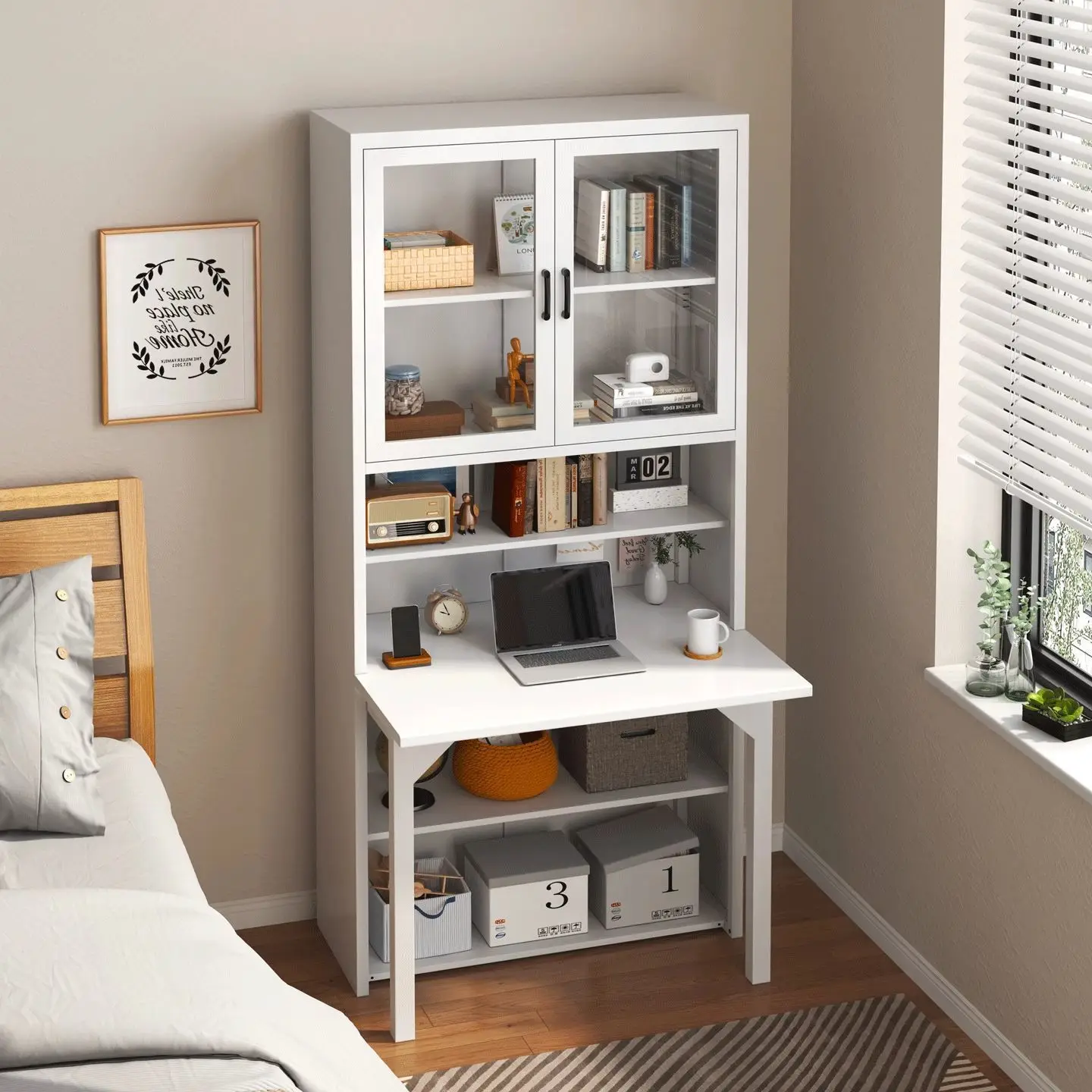 

Steel folding desk bookshelf integrated bedroom one-piece desk cabinet home student cream white computer desk bookcase