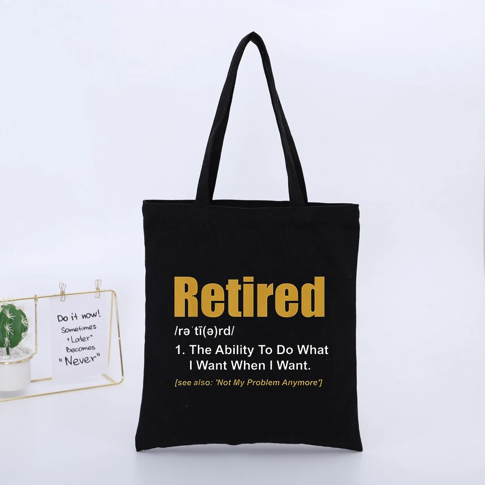 Retiree's Letter Print Black Canvas Tote Bag, Casual Style for Daily Errands and Weekend Outings