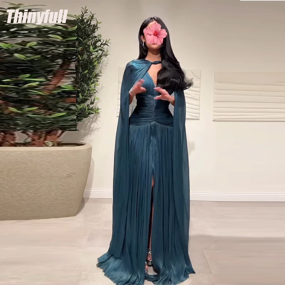 Thinyfull A-line Arab Prom Dresses Sleeveless V-neck Evening Party Gown with Shawl Dubai Split Dress Robes De Soirée Customized