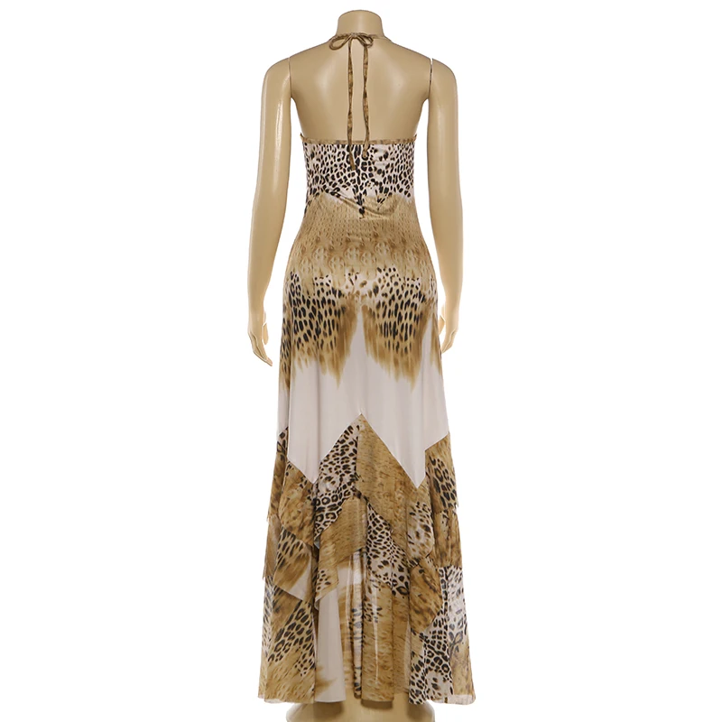 Sisterlinda Damen Langes Kleid mit Leopardenmuster, Trendiges Sexy Mode-Schnürkleid mit Neckholder, Rückenfreies Design, Tailliert, Rüschensaum, Elegantes Vestido – Detail 5