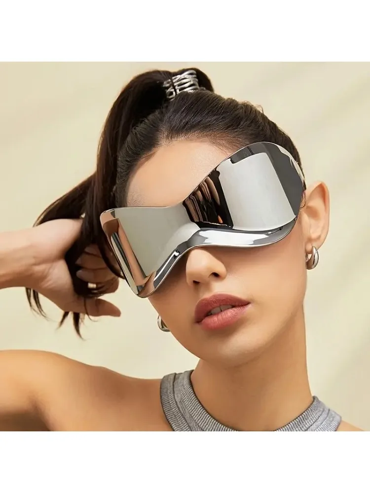 AliExpress OPUYYM Y2K Wrap Around glasses For Women Men Futuristic Mirrored Lens Fashion Rimless Sun Shades For Cycling Beach Party