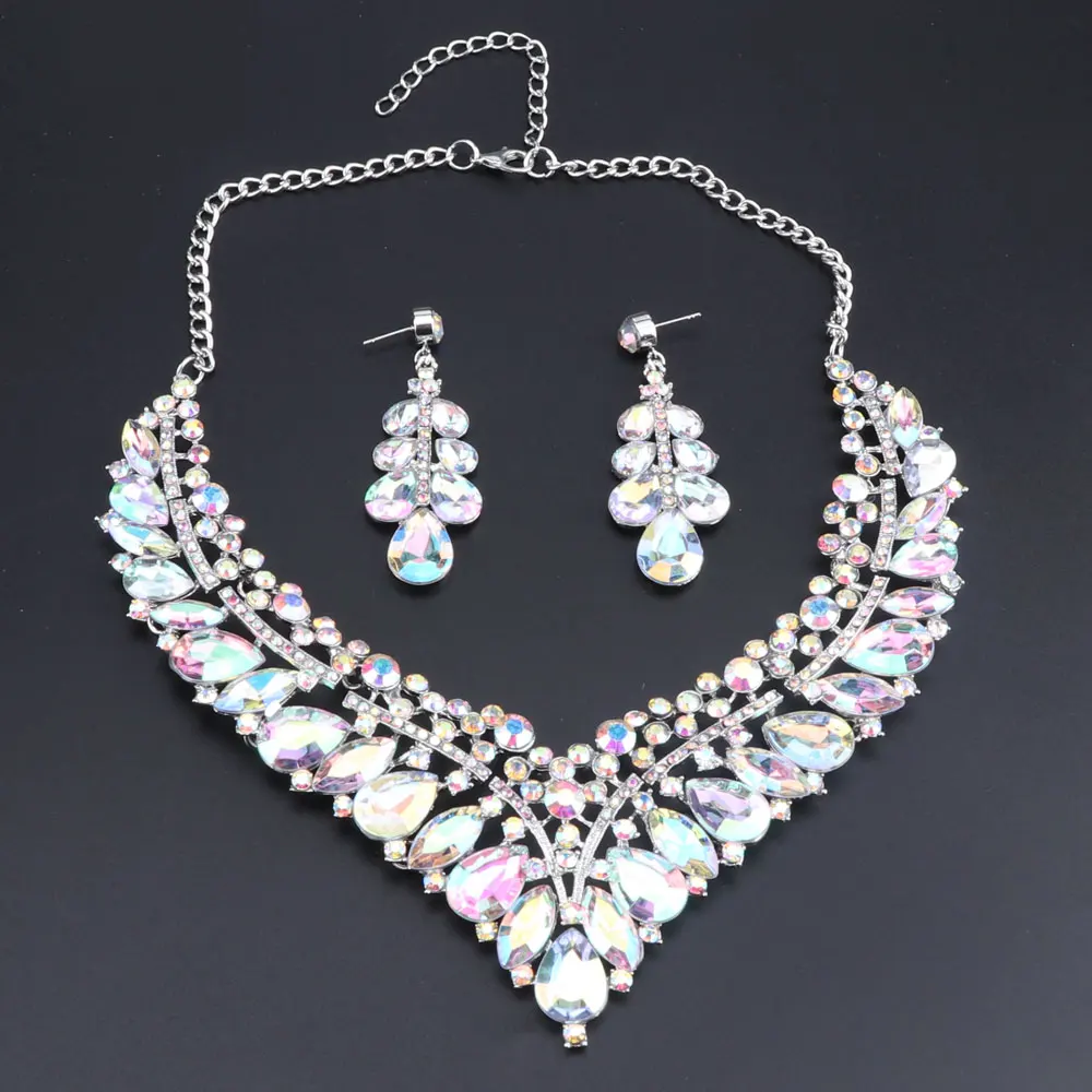 Luxury Wedding Jewelry Sets AB Color Crystal Necklace Earrings set Gifts for Women Dating Party Dresses Silver Color Accessories